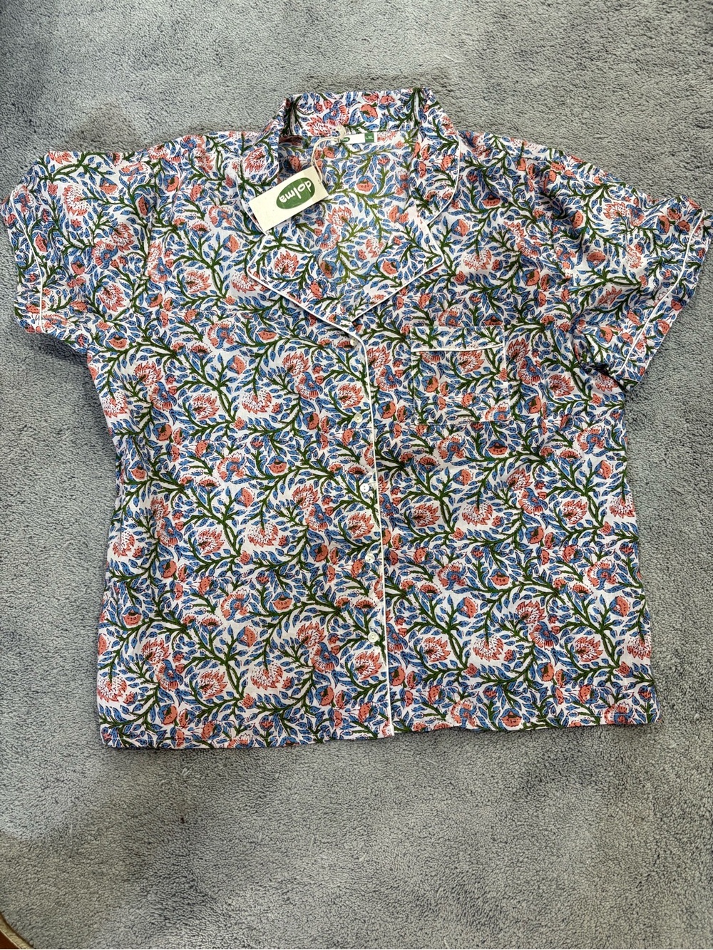 dolma Floral Button-Down Women’s Top in Coral, Blue & Green